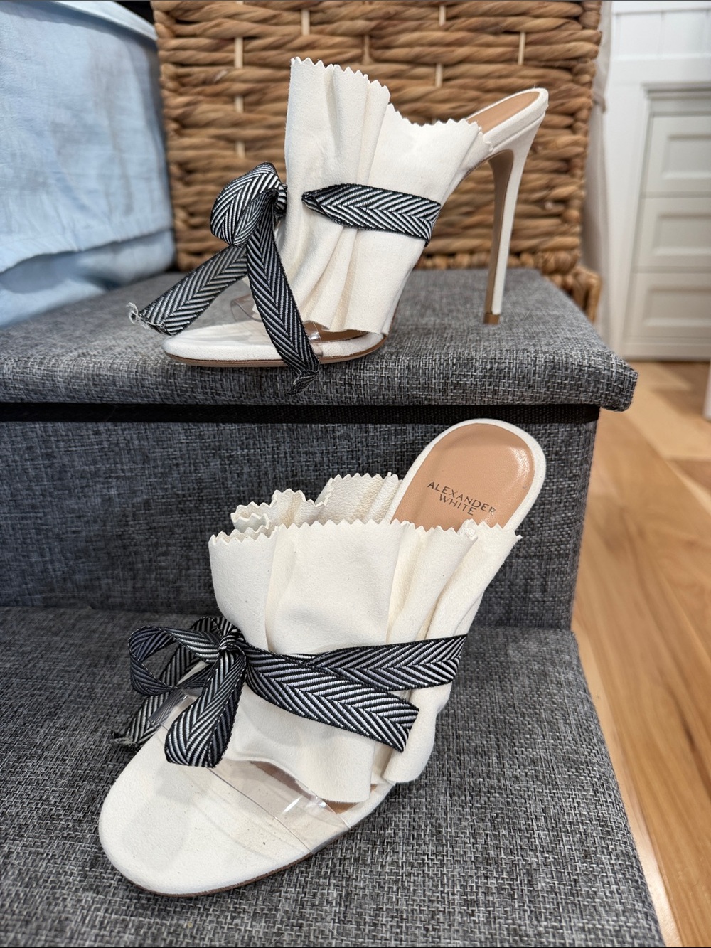 Cream Ruffle Stiletto Slide with Black Bow